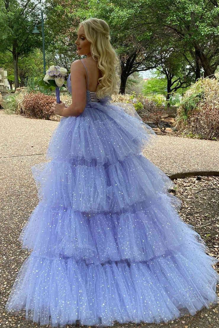 Vestidos formales/Vestido de fiesta de tul escalonado lavanda con brillo alto-bajo/Tiendas de vestidos de fiesta